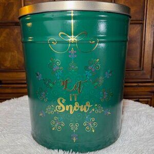 The Popcorn Factory 6.5 Gallon LET IT SNOW Green Gold Scroll Lidded Metal Barrel